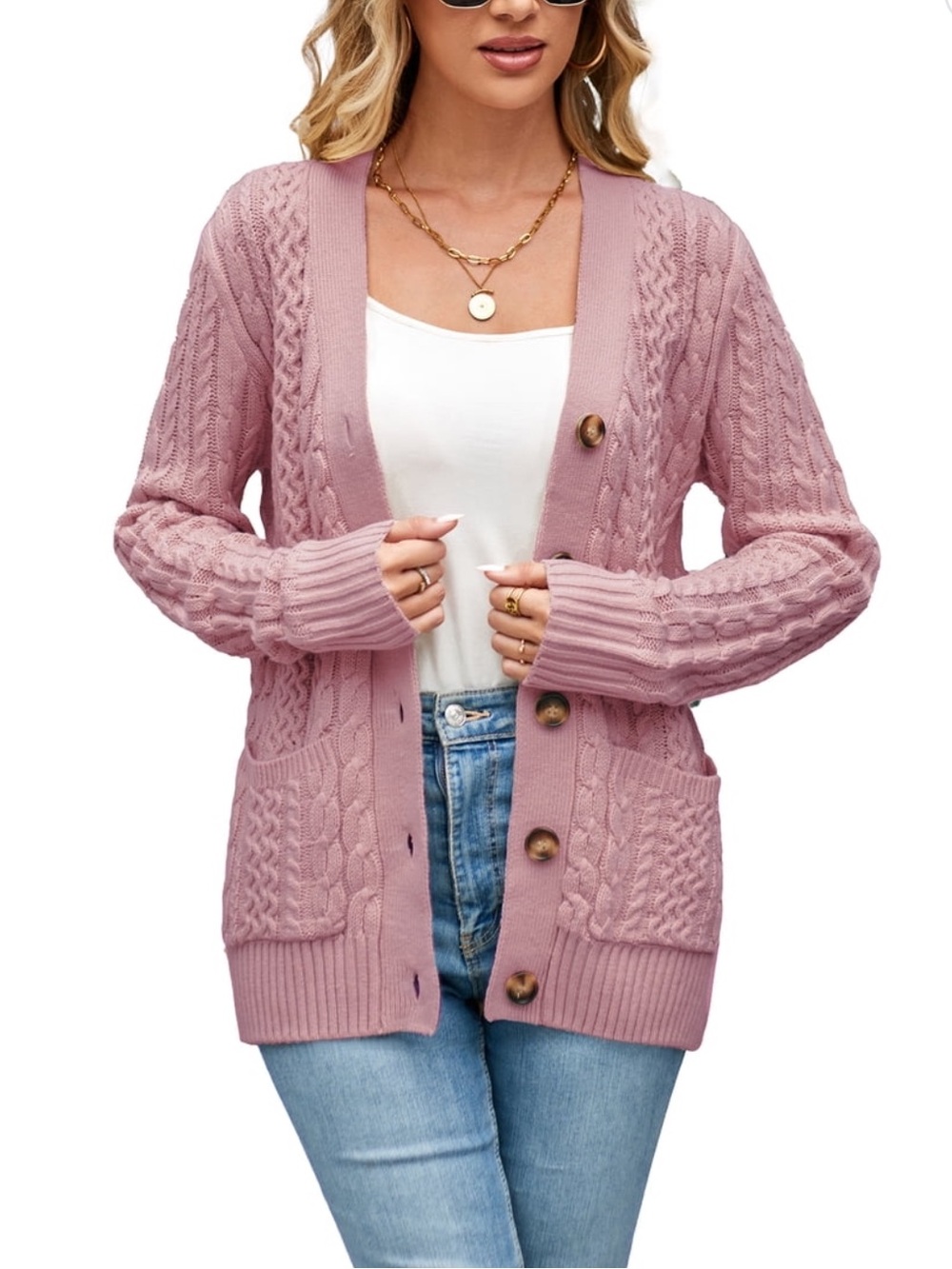 Womanβs Pink Long Sleeve Cable-Knit Sweater, Open Front Button Cardigan, Size S